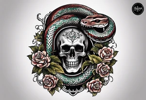 snake sleeve tattoo with skull, snake as focal point, with the word Hydra Gang on it tattoo idea