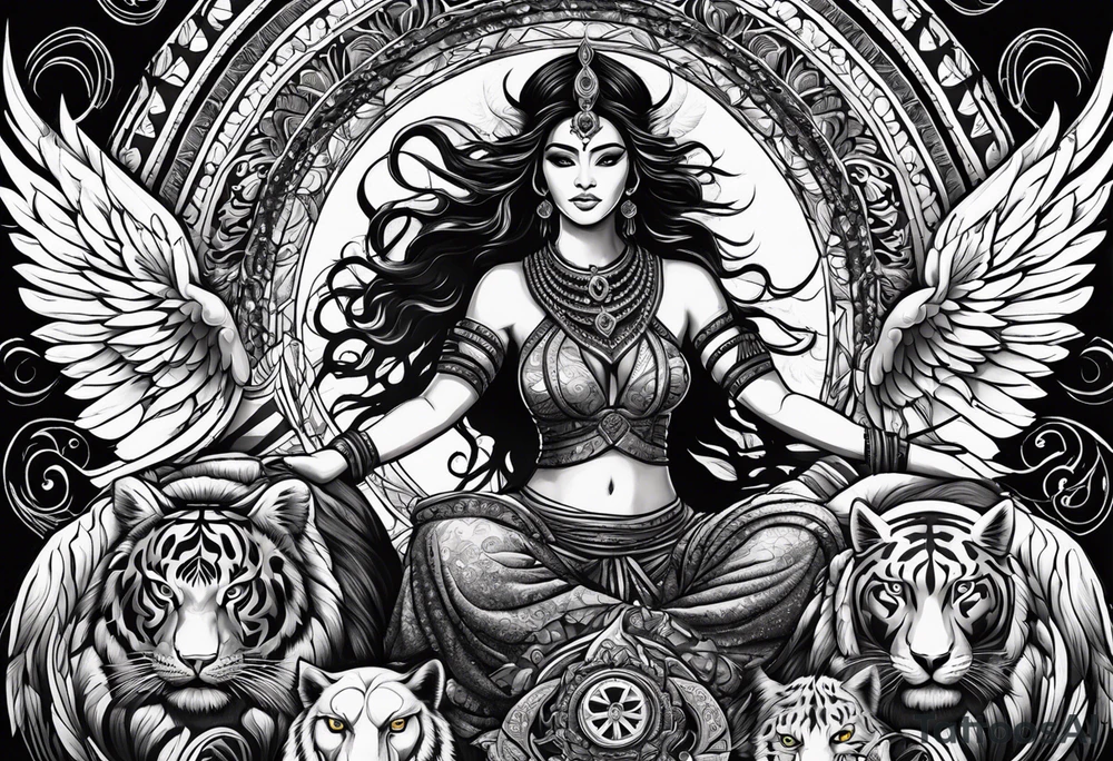 black kali, goddess pirate, alien, angel, pachamama, valkrye, warrior, flying, skull, lotus azul, wing, eagle, zenza resonance, stars, 5D, anahata chakra, death, durga, riding on a tiger, flying lady, kundalini, chest tatoo, samuri, rebel tattoo idea