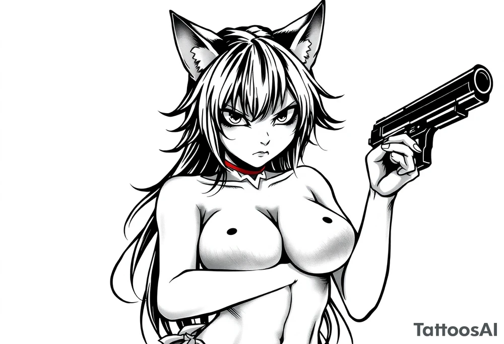 naked catgirl, slut, angry, anime, holding gun, black tattoo idea