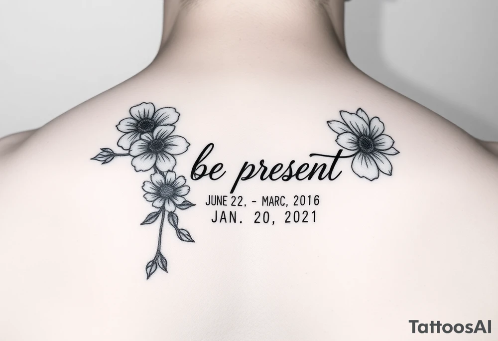 Enso ring with flowers and a stem with writing in cursive that says be present. Incorporate the dates June 2, 2013, March 2, 2016, and January 20, 2021. Also include three stars.


Make the Enso ring prominent tattoo idea