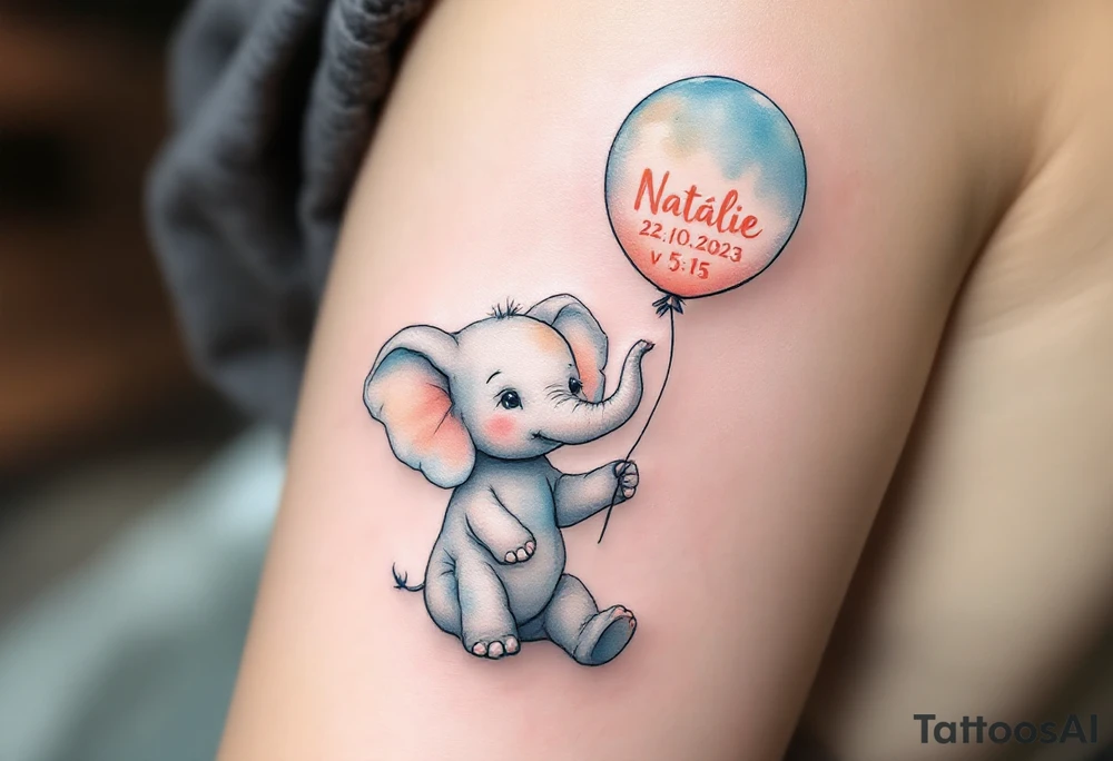 Delicate outline of a baby elephant holding a balloon with name Natálie and numbers 22.10.2023 v 5:15 in pastel peach script. tattoo idea