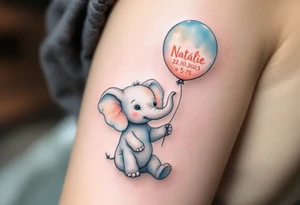 Delicate outline of a baby elephant holding a balloon with name Natálie and numbers 22.10.2023 v 5:15 in pastel peach script. tattoo idea
