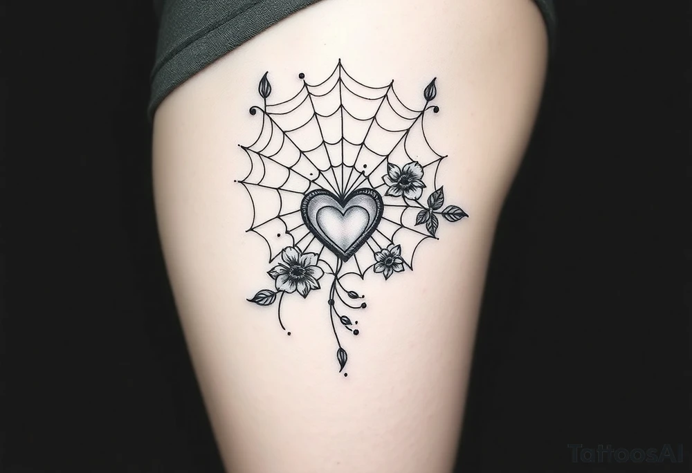 spiderweb with heart and flowers tattoo idea