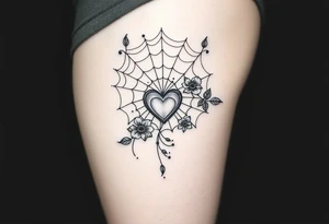 spiderweb with heart and flowers tattoo idea