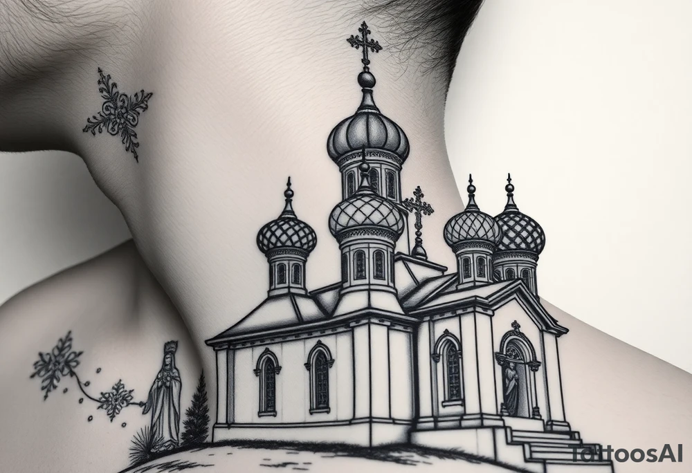 Russian orthodox church with bulb domes with a prominent russian orthodox style virgin mary stood outside to the left russian themed tattoo idea