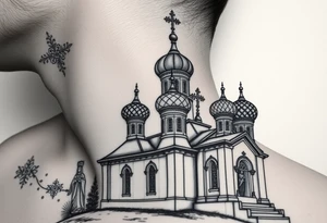 Russian orthodox church with bulb domes with a prominent russian orthodox style virgin mary stood outside to the left russian themed tattoo idea