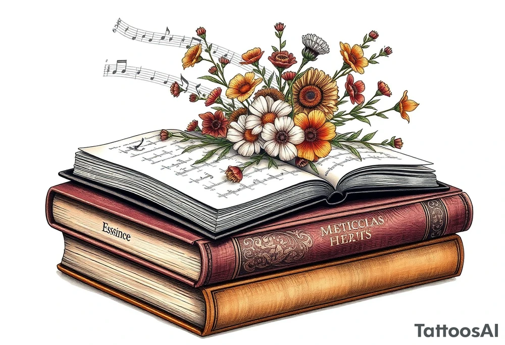stack of 3 vintage books with various names on the spines top book open with bouquet of different kinds of wild 
flowers coming out of it
Music notes dancing around in the background Spanish Mexican essence tattoo idea