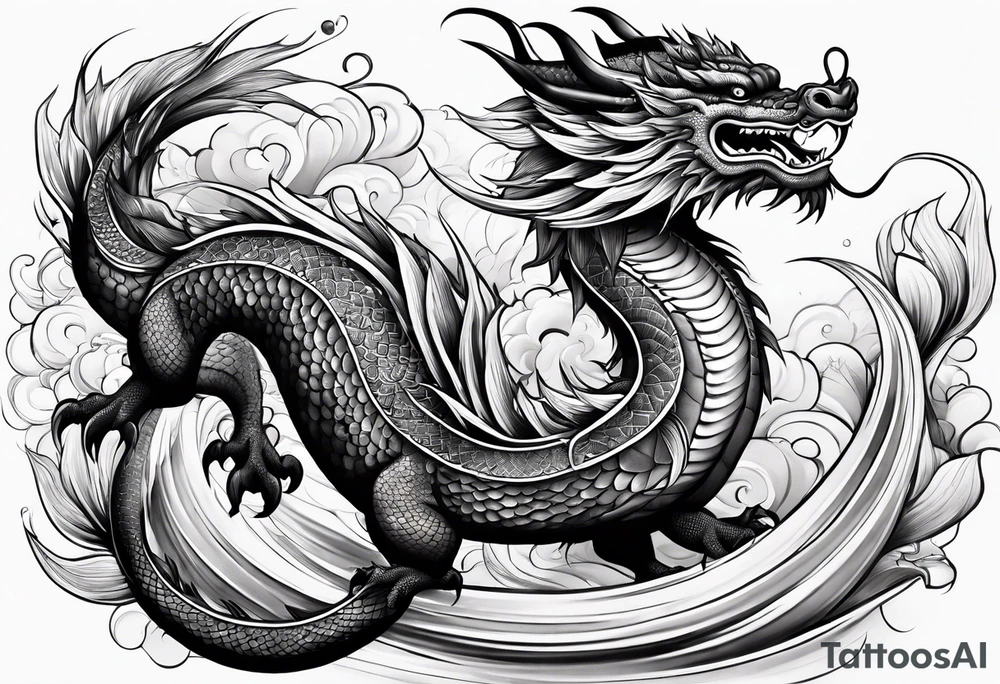 Asian Māori dragon, koi, water, black, shoulder tattoo idea