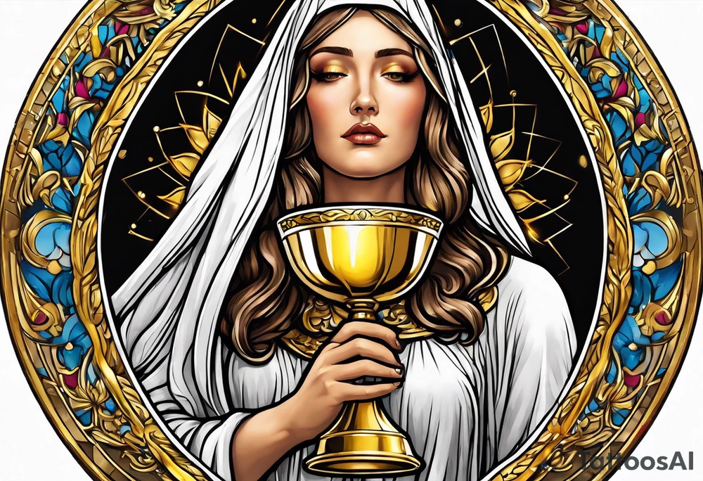 holy saint woman with golden halo holding a chalice tattoo idea