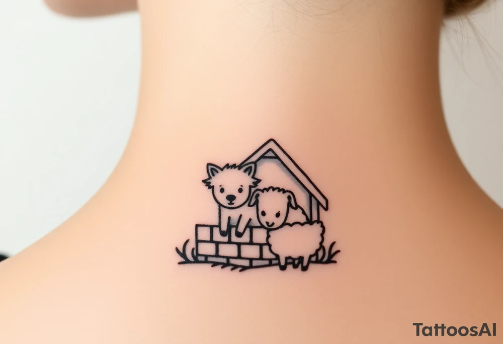 Three little pigs nursery Wolf and sheep as one hybrid 
animal hiding in a brick house from the big bad wolf I'll huff and puff and blow ur house down tattoo idea