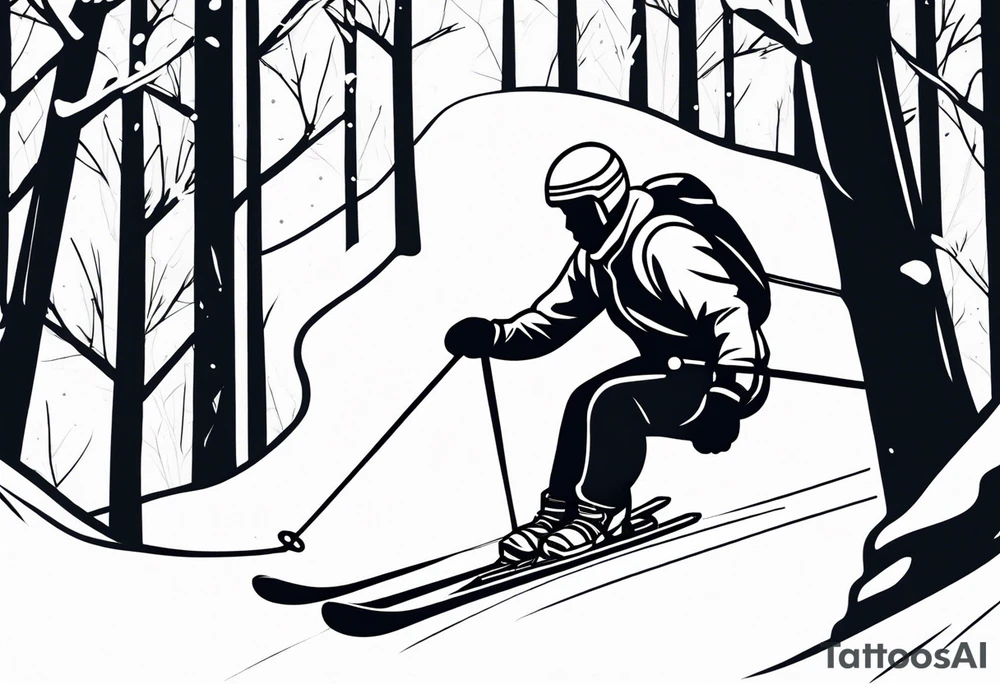 minimalist tattoo of a snow skier sking through trees showing ski trail tattoo idea