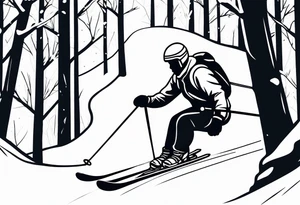 minimalist tattoo of a snow skier sking through trees showing ski trail tattoo idea