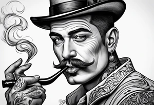 Neotraditional man smoking a pipe tattoo idea