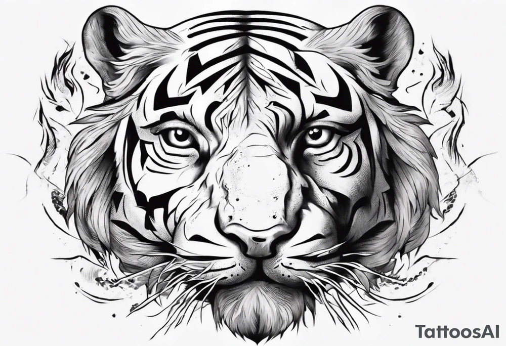 Ancient tiger with lightning and a sun for a forearm sleeve. With patterns surrounding it tattoo idea