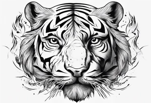 Ancient tiger with lightning and a sun for a forearm sleeve. With patterns surrounding it tattoo idea