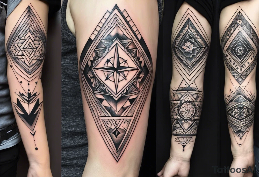 Fine line tattoo in the left forearm on the bottom side. The tattoo will have three shapes placed in a triangle formation. The top shape will be a geometric heart that symbolizes health. The bottom left will have a compass rose as a symbol for purpose. The bottom right will have three circles placed in a triangle formation to symbolize family. Tattoo should be minimalist with just the shapes filled in and no ornaments tattoo idea