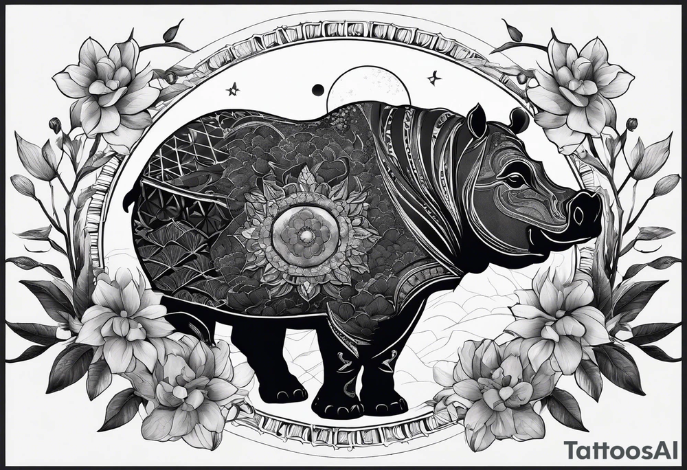 Very asymmetrical, +geometric pattern, with realistic full moon, with hippo head looking back ,
with wintersweet flower bud, +portrait orientation, +inkart touch, tattoo idea