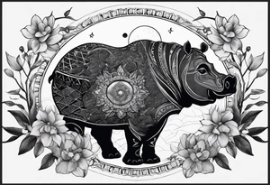 Very asymmetrical, +geometric pattern, with realistic full moon, with hippo head looking back ,
with wintersweet flower bud, +portrait orientation, +inkart touch, tattoo idea