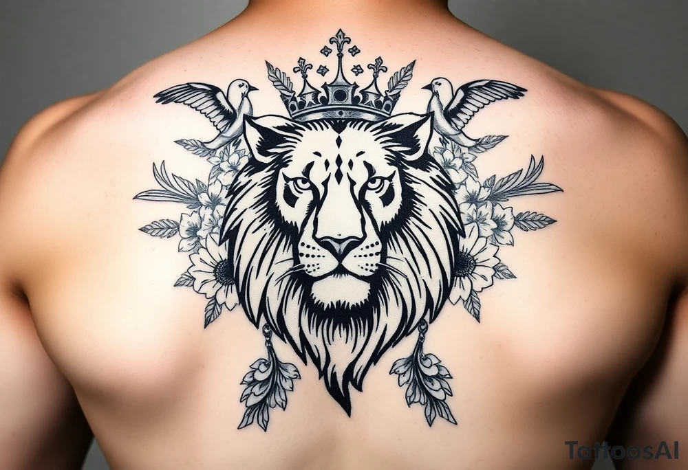 powerful majestic lion with a crown, surrounded by floral ornaments and birds tattoo idea