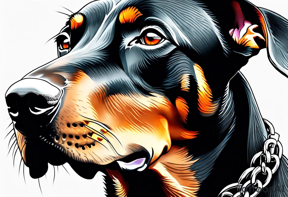 Doberman with open mouth biting
Wearing chain tattoo idea