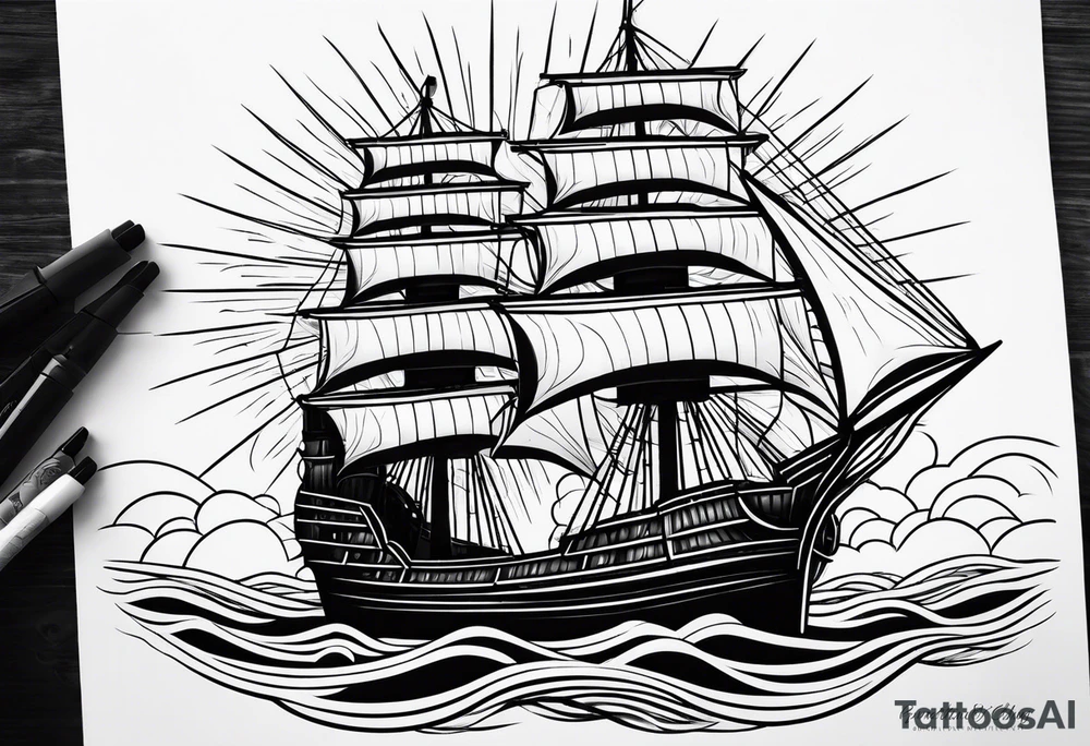 huge wooden ship with sun  and calm waters tattoo idea