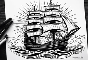 huge wooden ship with sun  and calm waters tattoo idea