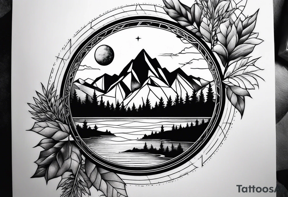 Large geometric nature tattoo with moutains, lake, forest, and a moon. tattoo idea