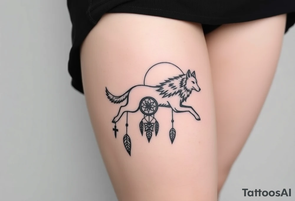 A wolf running through the woods, with dreamcatcher rings tattoo idea
