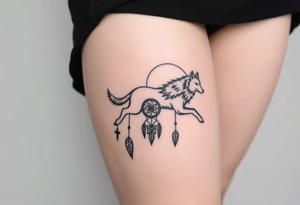 A wolf running through the woods, with dreamcatcher rings tattoo idea
