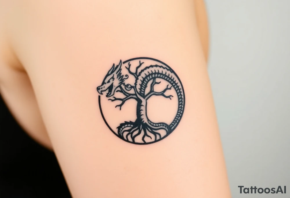 a dragon forming a circle with its body.  the dragon encircles the tree of life.   the tree of life has fruit  and the dragon is eating the fruit. the roots of the tree are strangling the tail of the dragon tattoo idea
