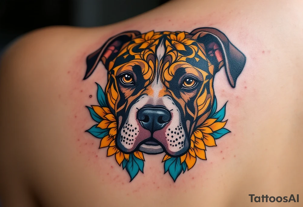Neo-traditional pitbull head, exaggerated features, bold black outlines, chocolate fur with turquoise and mustard yellow floral accents. tattoo idea