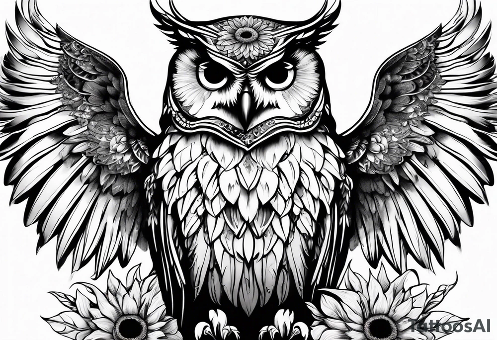 Owl with sunflower body and angel wings tattoo idea