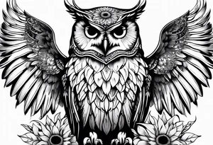 Owl with sunflower body and angel wings tattoo idea