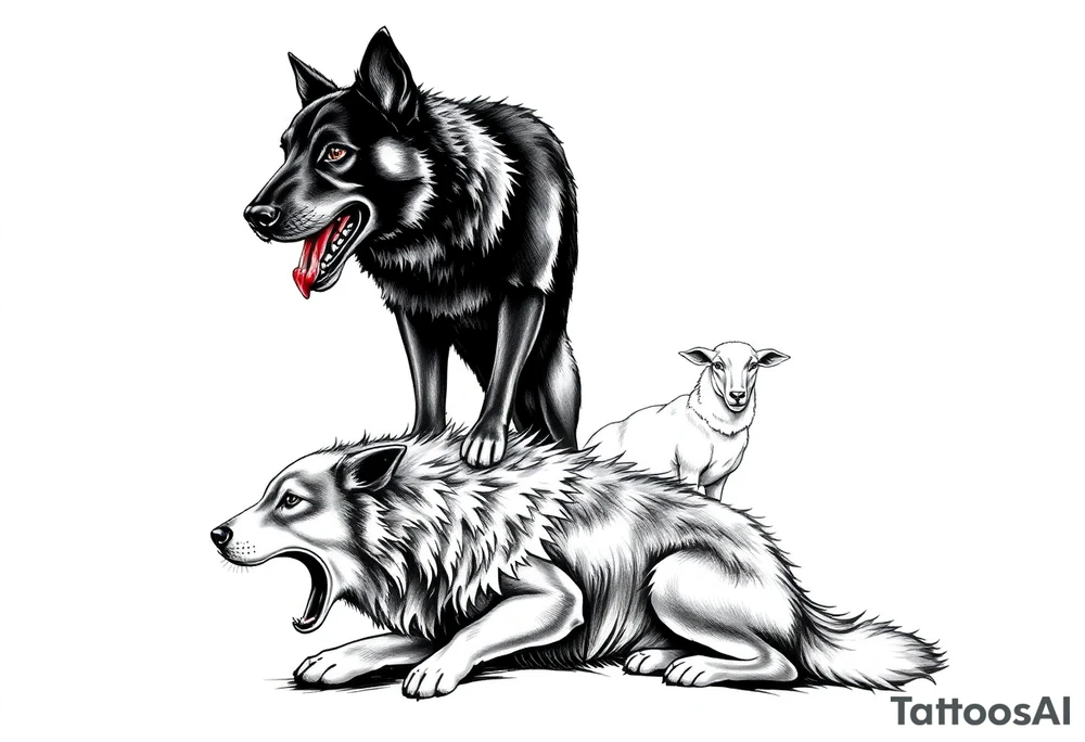 Belgian black sheepdog with a bloody mouth standing over a defeated wolf with sheep in the background tattoo idea