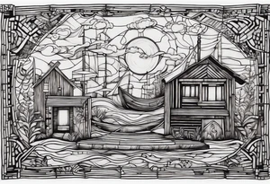 A whimsical composition of found wooden planks and boards,
woven into a tapestry of forgotten stories and weathered dreams,
where wood becomes the medium for artistic tales. tattoo idea