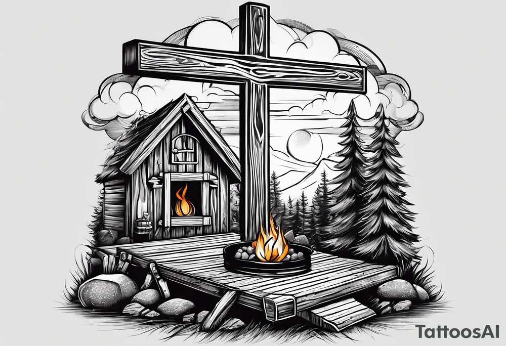christian 
cross, campfire, golf , whiskey glass, cabin tattoo idea