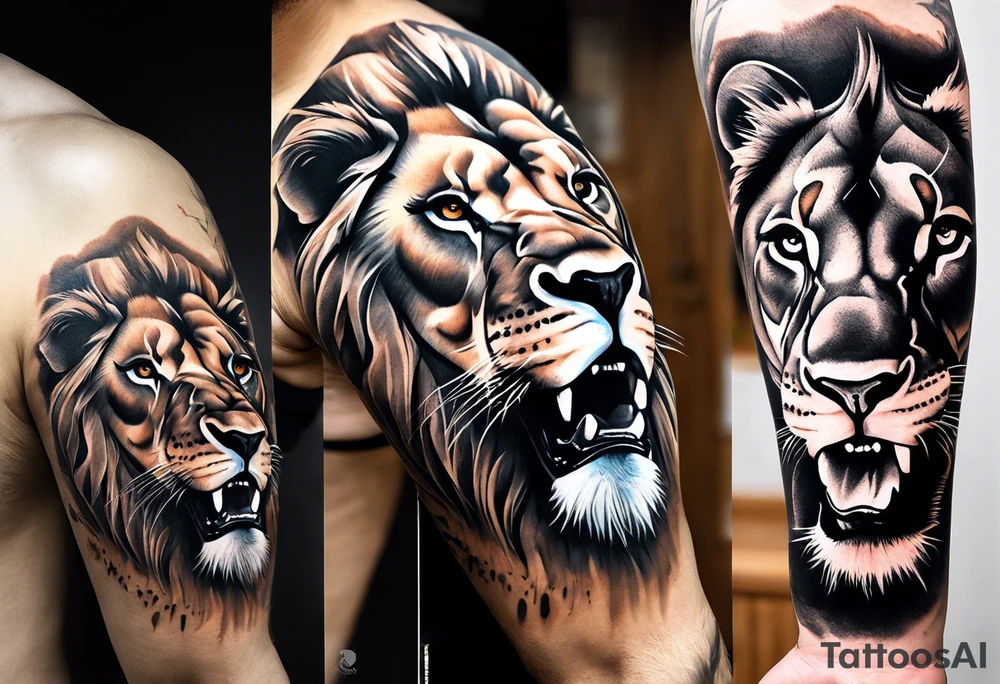 Full sleeve tattoo depicting a large lion with one blind eye with a scar going through the eye, protecting his lioness while they both also protect 6 lion cubs. Background should depict a safari scene tattoo idea