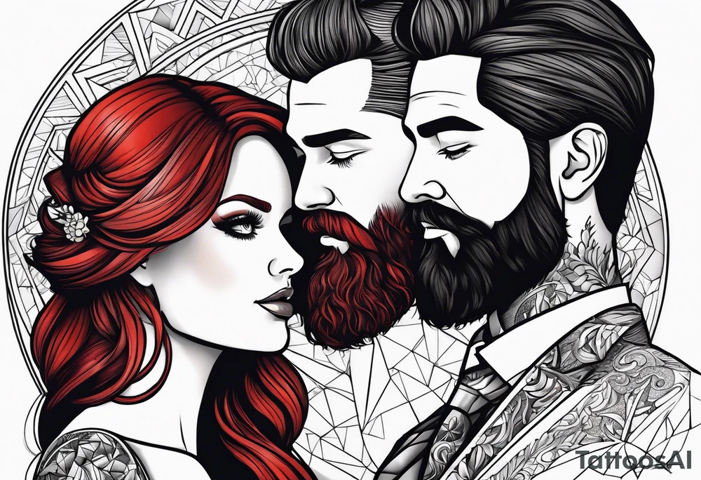 Busty red haired woman and a bearded man with black hair getting married tattoo idea