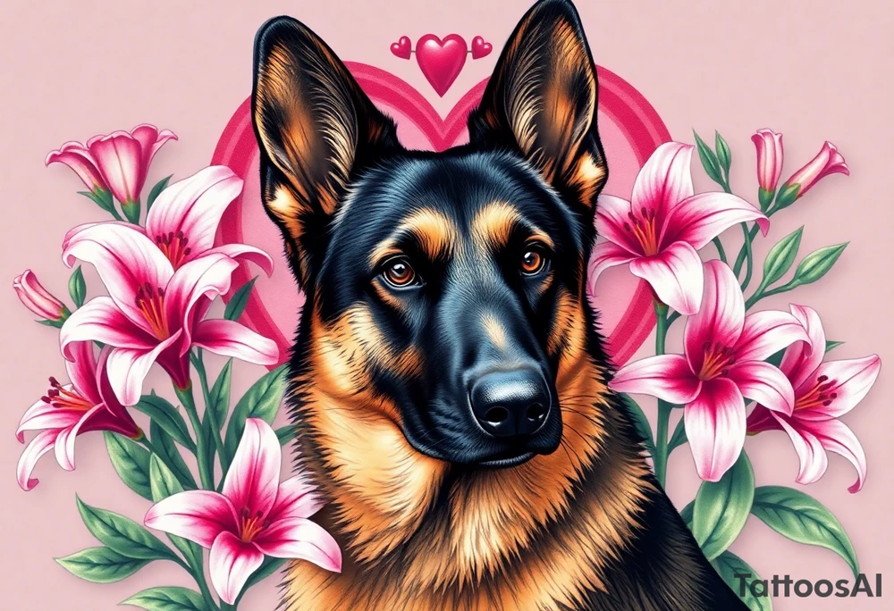 realistic german shepherd with alert ears looking protective surrounded by pink lilies with leaves in front of a sacred heart tattoo idea