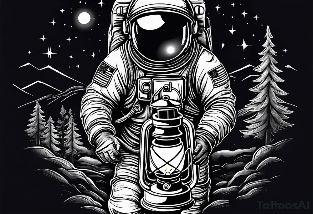 An astronaut holding a candle lantern to walk through beautiful landscape in the dark tattoo idea