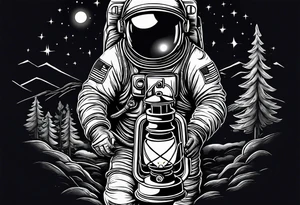 An astronaut holding a candle lantern to walk through beautiful landscape in the dark tattoo idea