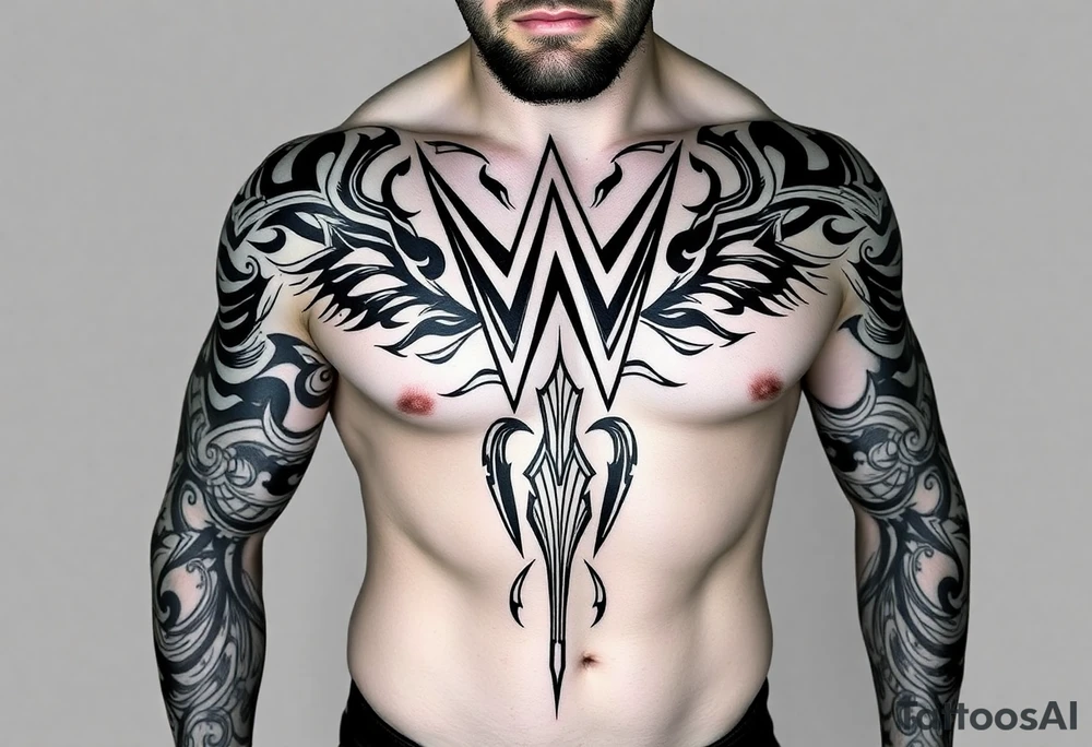 WWE The Fiend top center piece of sleeve with tribal design surrounding covering up old tattoo tattoo idea