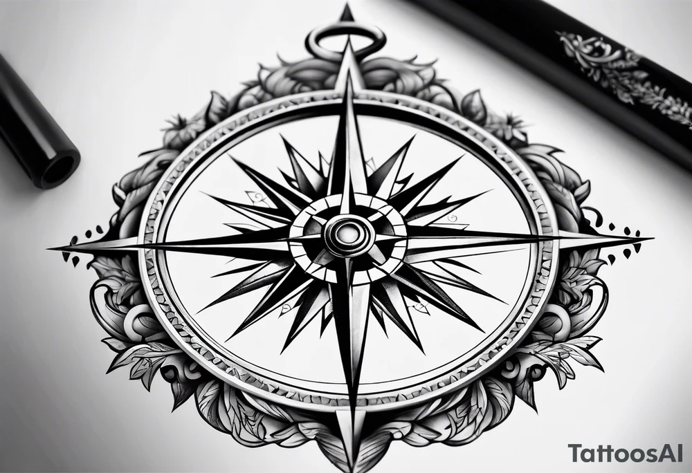 A black and white detailed compass tattoo idea