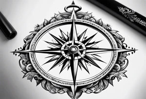 A black and white detailed compass tattoo idea