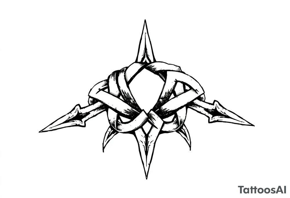 A Celtic knot armband with interwoven loops, featuring pointed ends that give it a dynamic, thorned or blade-like appearance that incorporates nature through roots Designed to wrap around the arm like a torc or tribal band tattoo idea
