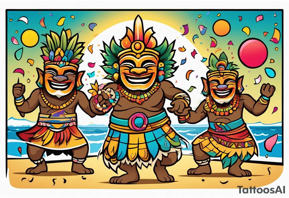 dancing tiki gods dance party on the beach with a sunset in the center of the image with confetti and music notes tattoo idea