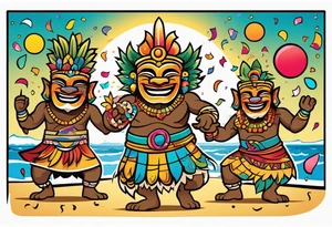 dancing tiki gods dance party on the beach with a sunset in the center of the image with confetti and music notes tattoo idea