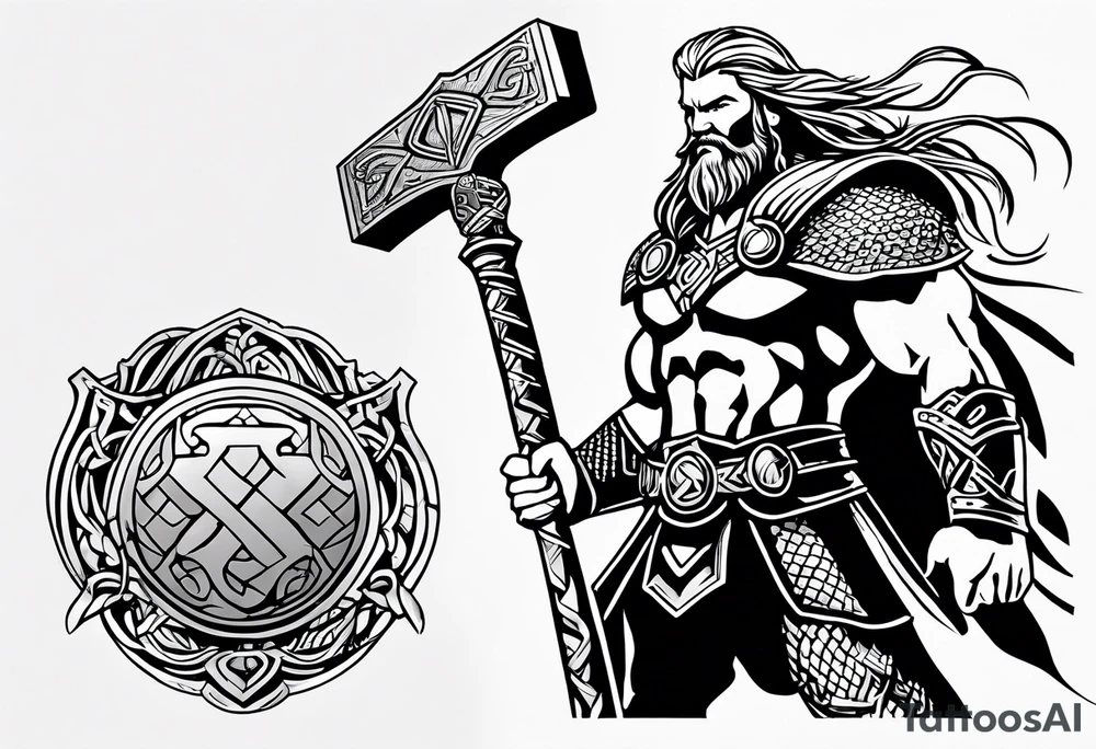 Thor with him holding mjolnir and a vignette of viking rune design tattoo idea