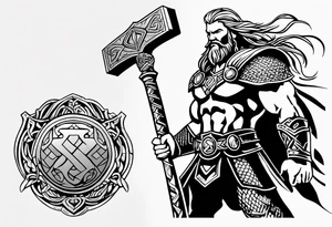 Thor with him holding mjolnir and a vignette of viking rune design tattoo idea