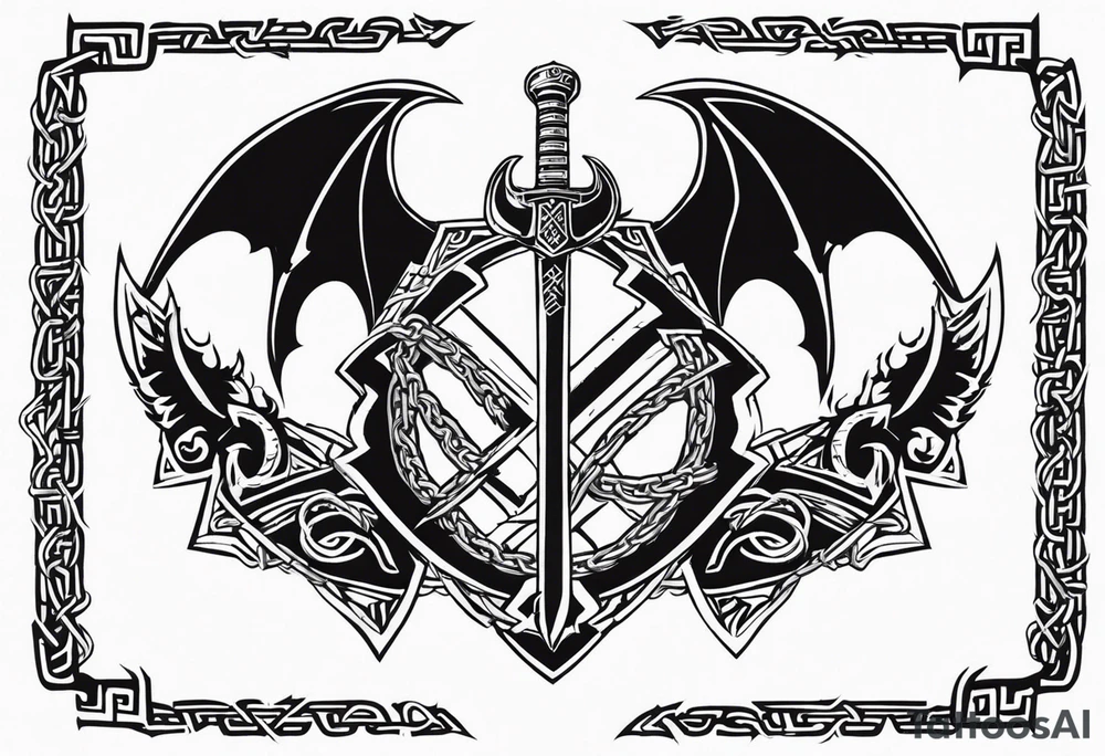 Valhalla sword shield dragon axe Valknut barbed wire chains tribal tattoo idea Valhalla sword shield dragon axe Valknut barbed wire chains tribal tattoo idea